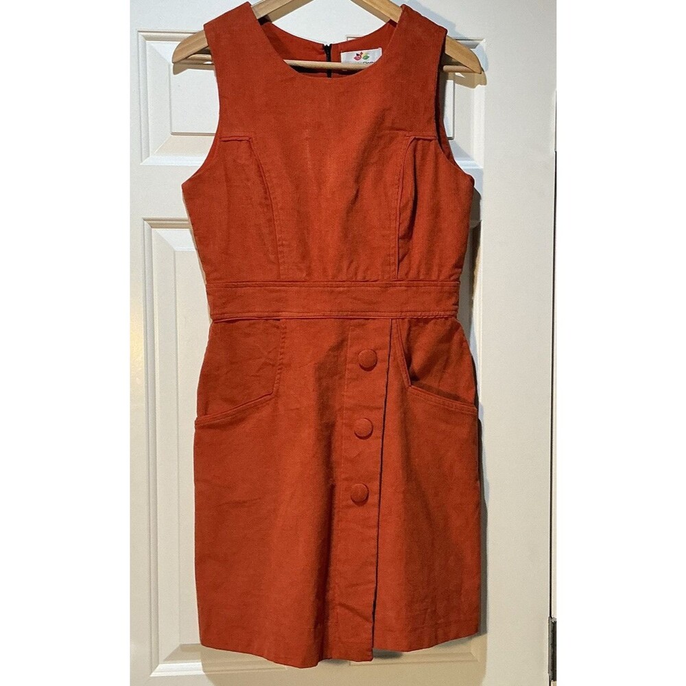 NWT Ananda Women’s Small Corduroy Sleeveless Dress Stretch Pocket Button Orange